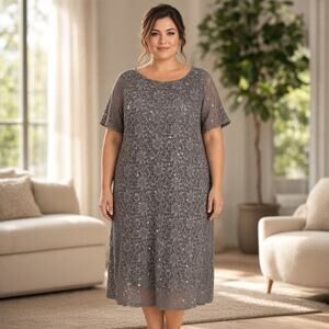 Tiana B. Womens 24W Pewter Gray Floral Sequin Lace Dress Plus Size Stretch Lined